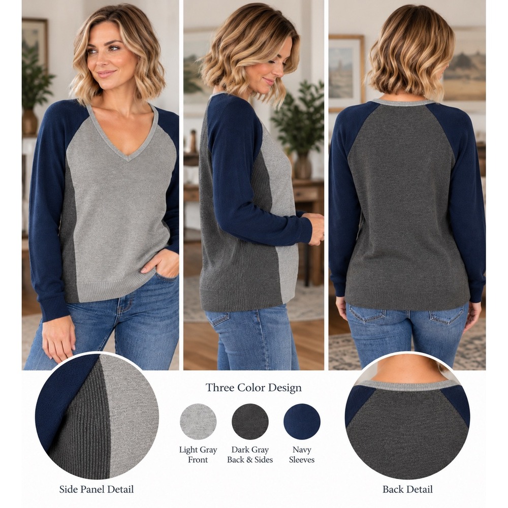 CHAPS Classics Women's XL Colorblock V-Neck Sweater Gray Navy